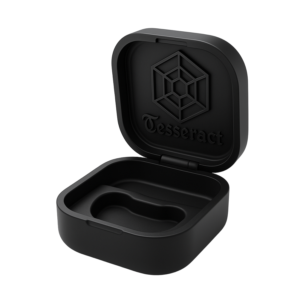 Black case with a geometric design and 'Tesseract' branding on a white background